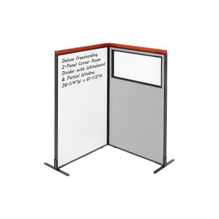 Global Equipment Interion    Deluxe Freestanding 2-Panel Corner w/Whiteboard   Partial Window 36-1/4Wx61-1/2H Gray 695179GY